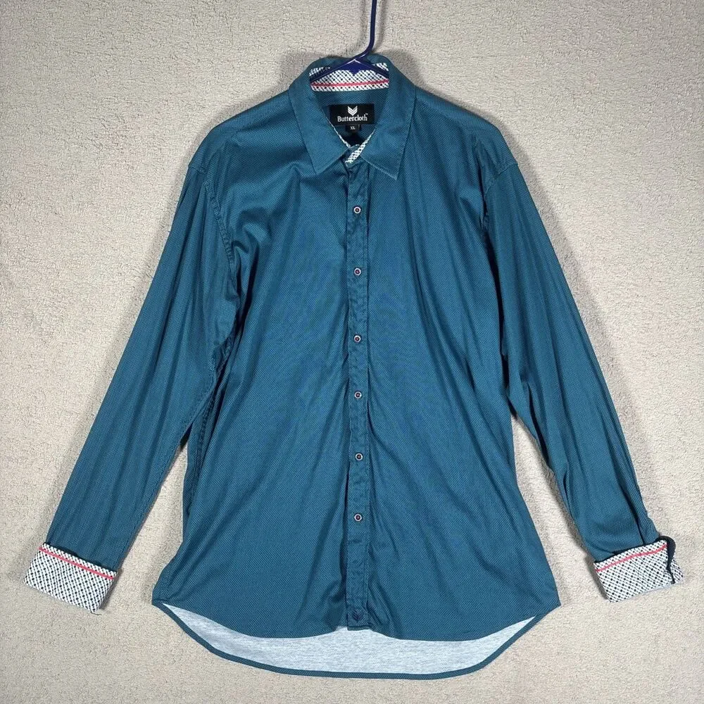 Buttercloth Shirt Long Sleeve Men's Size XL Blue Brick‎ Pattern Geometric Preppy